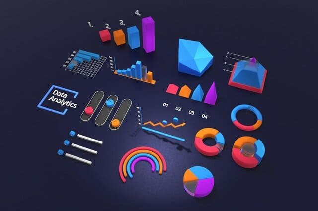Gráficos de diferentes tipos e cores podem ser identificados na imagem. A imagem sugere que algo está sendo analisado de forma precisa, e neste site, é usada para se referir à Proficiência em Inglês.