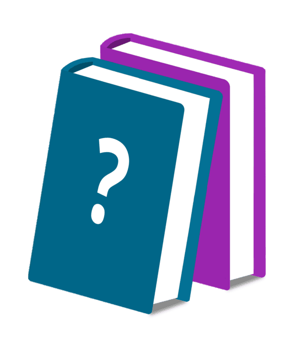 Imagem ilustrativa para as resenhas do Master Proficiency. Esta arte de resenha contém dois livros em fileira diagonal, um azul e outro lilás. O livro da frente tem um ponto de interrogação na capa, criando a ideia de "tópico desconhecido" enquanto o de trás está parcialmente visível.