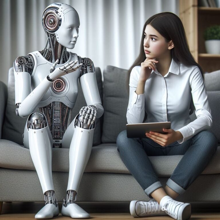 Cena de um Androide e uma garota sentados lado a lado em um sofá. A garota está olhando atentamente para o androide, que parece estar lhe ensinando algo. A cena sugere a ideia de como aprender inglês com inteligência artificial.