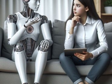 Cena de um Androide e uma garota sentados lado a lado em um sofá. A garota está olhando atentamente para o androide, que parece estar lhe ensinando algo. A cena sugere a ideia de como aprender inglês com inteligência artificial.