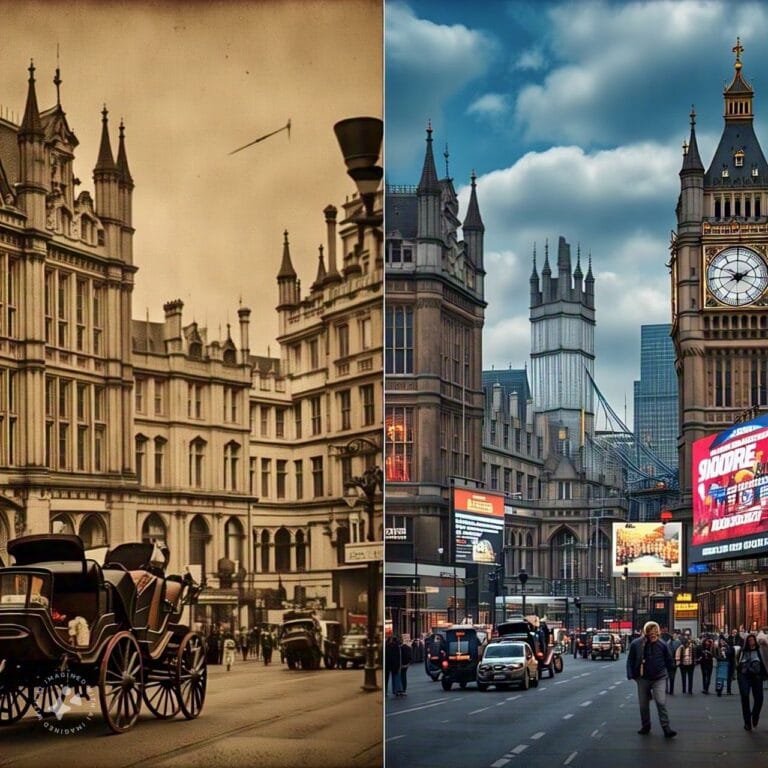 Uma cena que mostra Londres antigamente ao lado de como está atualmente. A cena sugere o uso dos comparativos em inglês.