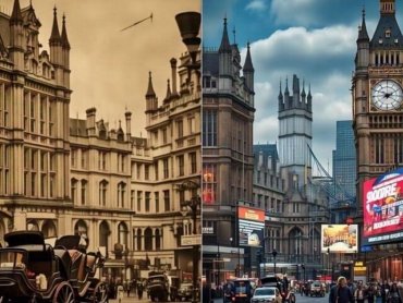 Uma cena que mostra Londres antigamente ao lado de como está atualmente. A cena sugere o uso dos comparativos em inglês.